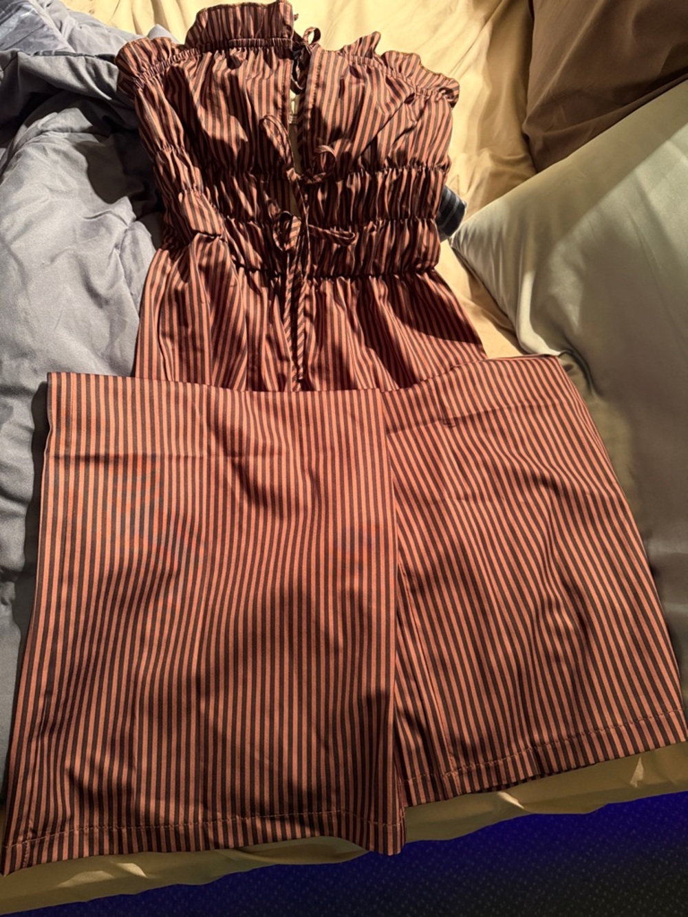 SHEIN Rust and Black Striped Strapless Romper
